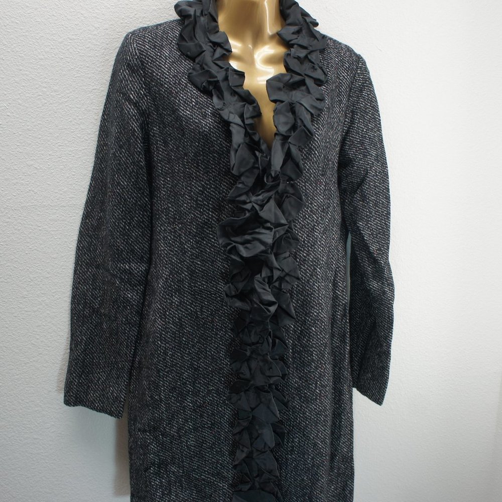 Boston proper black tweed w/ ruffle trim coat size 8
